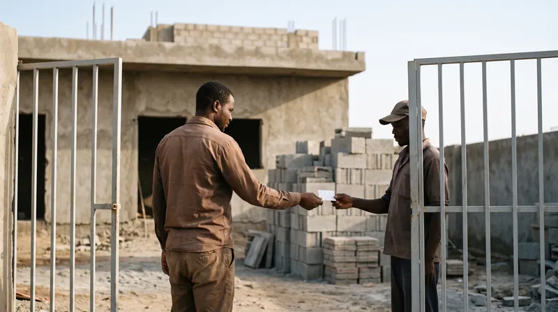 Homme remettant une carte de visite au gardien à l'entrée d'un chantier
