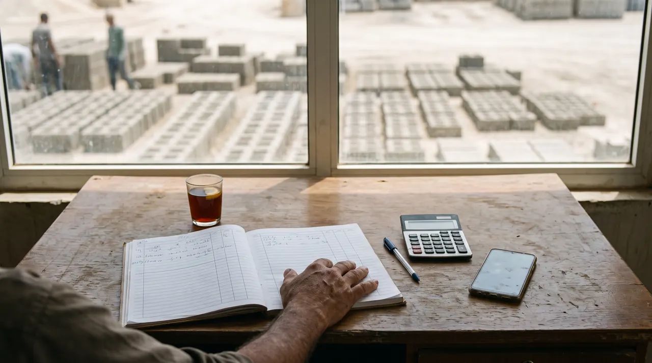 دفتر المصاريف والإنتاج على مكتب، وساحة البلوك تظهر من النافذة