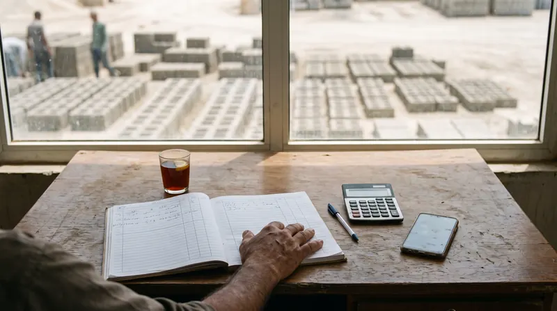 Cahier de dépenses et de production sur un bureau, aire de parpaings vue par la fenêtre